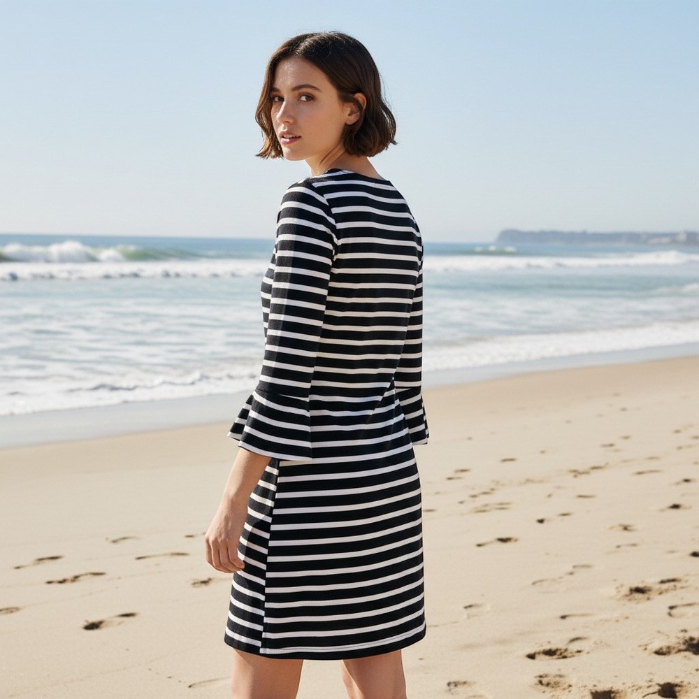 J.Crew Navy White‎ Striped Cotton Bell Sleeve Shift Dress H1378 Womens XS
